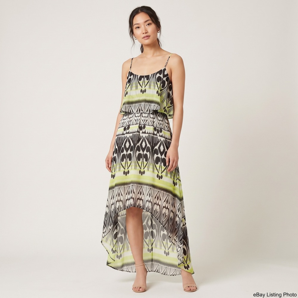 Bisou Bisou Dress Women's 14 Green Ikat High Low Tiered Ruffle 13KD582B